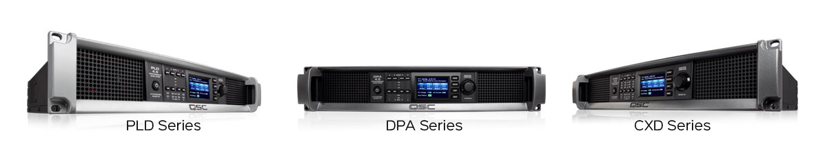 Image of three amplifiers from different series: PLD Series, DPA Series, CXD Series