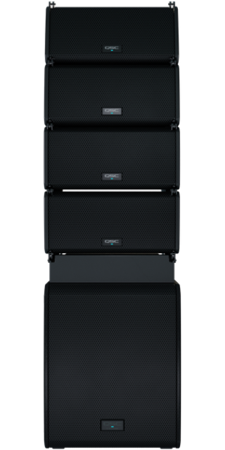 Image of QSC line arrays stacked on a subwoofer