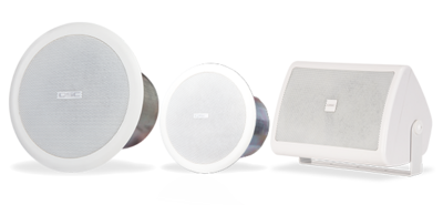Angled front views of QSC installed Loudspeakers including the AC-C6T, AD-S4T, and the AC-S6T 